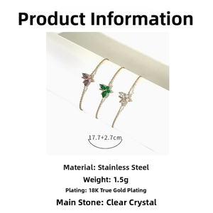 Detail of 18K gold plated butterfly bracelets with purple green and white zircons