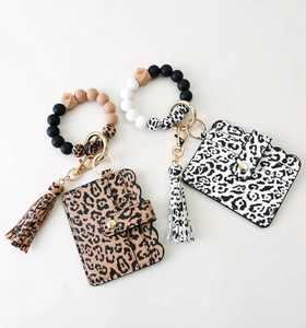 Silicone bead wristlet keychain with leopard print PU leather card holder and tassel