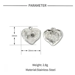 Technical specifications showing the 18mm heart wing pendant in polished stainless steel