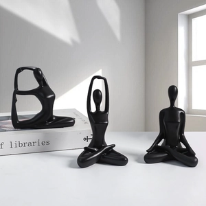 Modern minimalist black ceramic yoga girl figurines set for home office decor