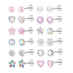 Stainless Steel Stud Earrings Zircon Faux Artificial Pearl Heart Star Flower Shapes Screw Back Cartilage Piercing Jewelry