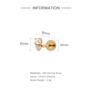 Detailed view of S925 sterling silver gold stud earring with pearl and AAAAA zircon