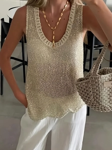 Gebreide Tanktop Voor Dames Lovertjes Opengewerkt Mouwloos V-hals Los Zomervest Casual Glinsterende Top