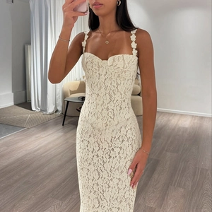 French lace camisole dress in apricot, featuring slim fit hollow-out embroidery detail