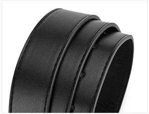 Detailed close-up of premium black PU leather belt with fine stitching and precise holes