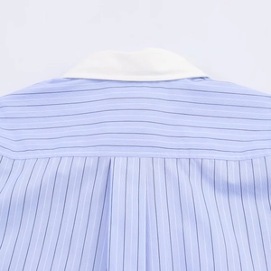 Macro detail of high-quality striped cotton shirt with back shoulder stitching and white collar