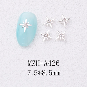 Detail of silver alloy star nail charms with crystal center measuring 7.5x8.5mm size