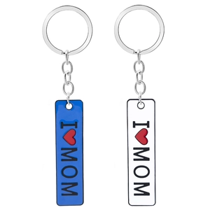 Metallic rectangular keychains with blue and white accents and I Love Mom text