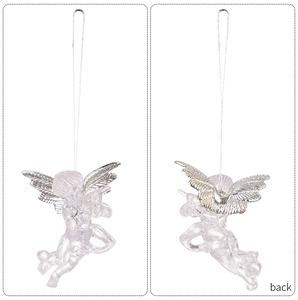 Front and back detail of a transparent Christmas angel ornament with silver wings