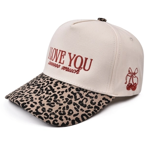 Leopard brim baseball cap with I Love You embroidery and cherry detail on cream crown