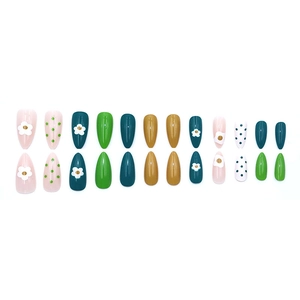 Set di 24 unghie finte floreali colorate rosa, verdi e gialle, forma a mandorla