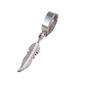 Sleek silver stainless steel feather pendant hoop earring for punk and hip-hop styles