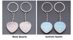 Detail of 30mm heart-shaped rose quartz and opalite stones on metal keychains