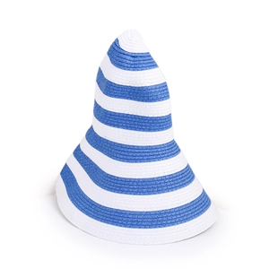 Detailed close-up showing blue and white striped woven texture of this wide brim sun hat