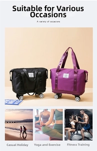 Detail view of large capacity travel bags with wheels for gym yoga and beach vacations