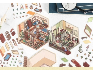 Detail of 3D miniature stickers featuring traditional Chinese architecture and rabbit motifs