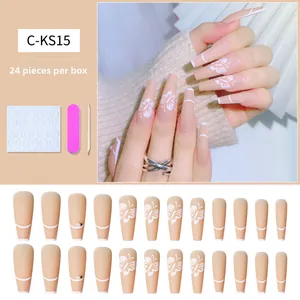 Détails de 24 faux ongles ballerine longs avec motifs floraux et kit d'accessoires