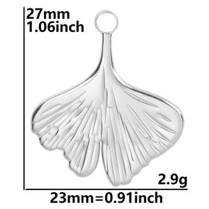Silver ginkgo leaf pendant in stainless steel measuring 27mm by 23mm weighing 2.9g