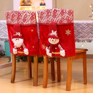 Christmas Chair Back Covers Red Velvet With 3D Santa Snowman Reindeer For Dining Room Home Party Decoration