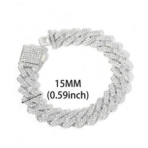 Mens 15mm iced out silver Cuban link chain necklace with sparkling rhombic rhinestones