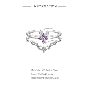 Detailed view of S925 sterling silver double layer ring with purple zirconia clover