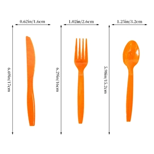 Detailed dimensions of orange plastic knife, fork, and spoon set for sports parties