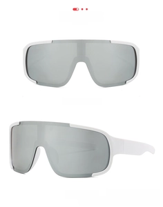 Front and side view of white matte sports sunglasses with silver mirrored lenses