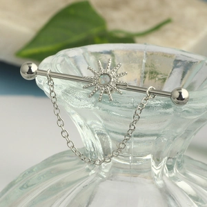 Silver stainless steel industrial barbell with sun motif, opal stone, and drape chain