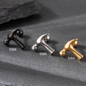 Men's fashion hammer-shaped stainless steel stud earrings in black, silver, and gold