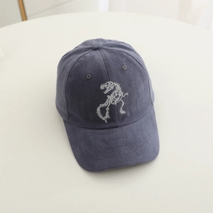 Kids vintage blue cotton baseball cap with white dinosaur skeleton embroidery
