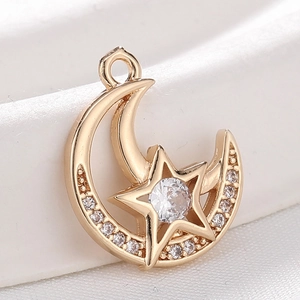 Star and moon gold pendant with white zircon inlays for DIY jewelry making