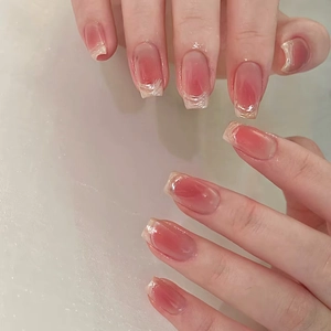 French Gradient Blush Press On Nails Lace Coffin Shape Artificial Finger Nails DIY Manicure For Women