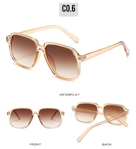 Detailed views of amber square sunglasses showing model specs and gradient brown lenses
