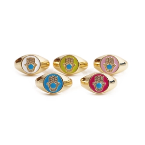 Hamsa Hand Ring Evil Eye Gold Plated Copper Enamel Zircon Open Adjustable Lucky Jewelry For Women