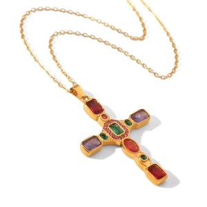 Gold stainless steel cross pendant necklace with colorful rectangular zirconia stones