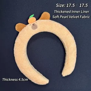 Plush Capybara headband for face washing with soft peach embroidery detail