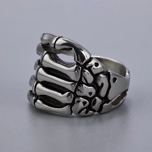 Retro punk gothic skeleton hand ring for men in oxidized stainless steel finish