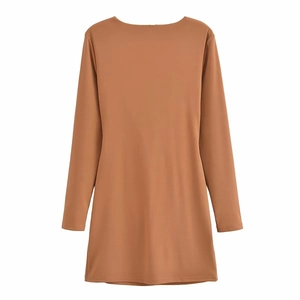 Rear view of sleek brown long sleeve midi dress with smooth draped polyester fabric