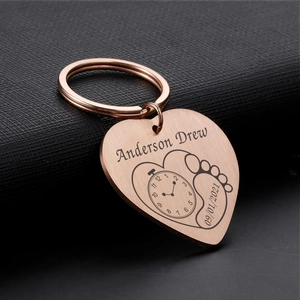Porte Clés Coeur Acier Inoxydable 304 Mémorial Naissance Bébé Empreinte Pied Nouveau Né Horloge Pendentif Cadeau