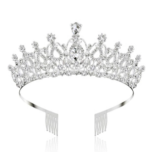 Detailed view of silver bridal crown with clear crystals and integrated hair combs
