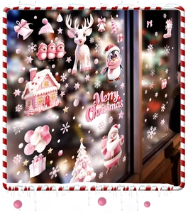 Pink 3D Santa and reindeer window stickers displayed on glass with night city lights