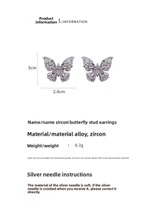 Detailed view of silver butterfly earrings with dimensions and white cubic zirconia