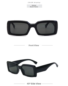 Front and 45-degree angle views of glossy black rectangular sunglasses with dark lenses