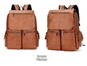 Detailed front and side view of a vintage brown PU leather backpack for men and students
