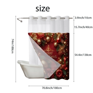 Christmas hookless shower curtain 180x188cm with gold ornaments and red flowers print