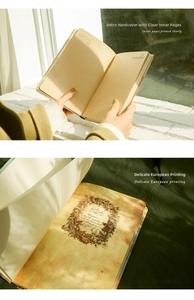 Detail of A5 vintage diary featuring retro floral illustrations and aged paper texture