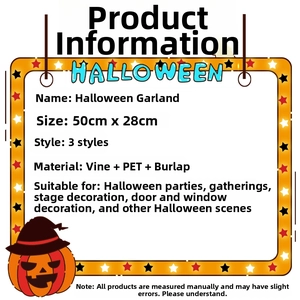 Detailed Halloween wreath specification showing 50x28cm size and rattan PET materials