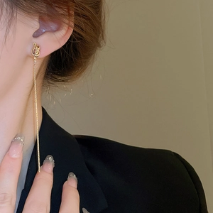 Gros plan de boucles d'oreilles dorées à longs glands portées par un mannequin chic