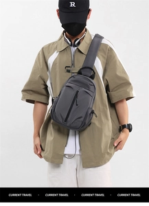 Detail of dark grey waterproof oxford cloth chest bag featuring vertical zipper front pocket