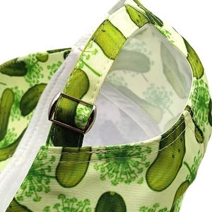 Rear view of green cucumber print baseball cap showing adjustable silver metal buckle